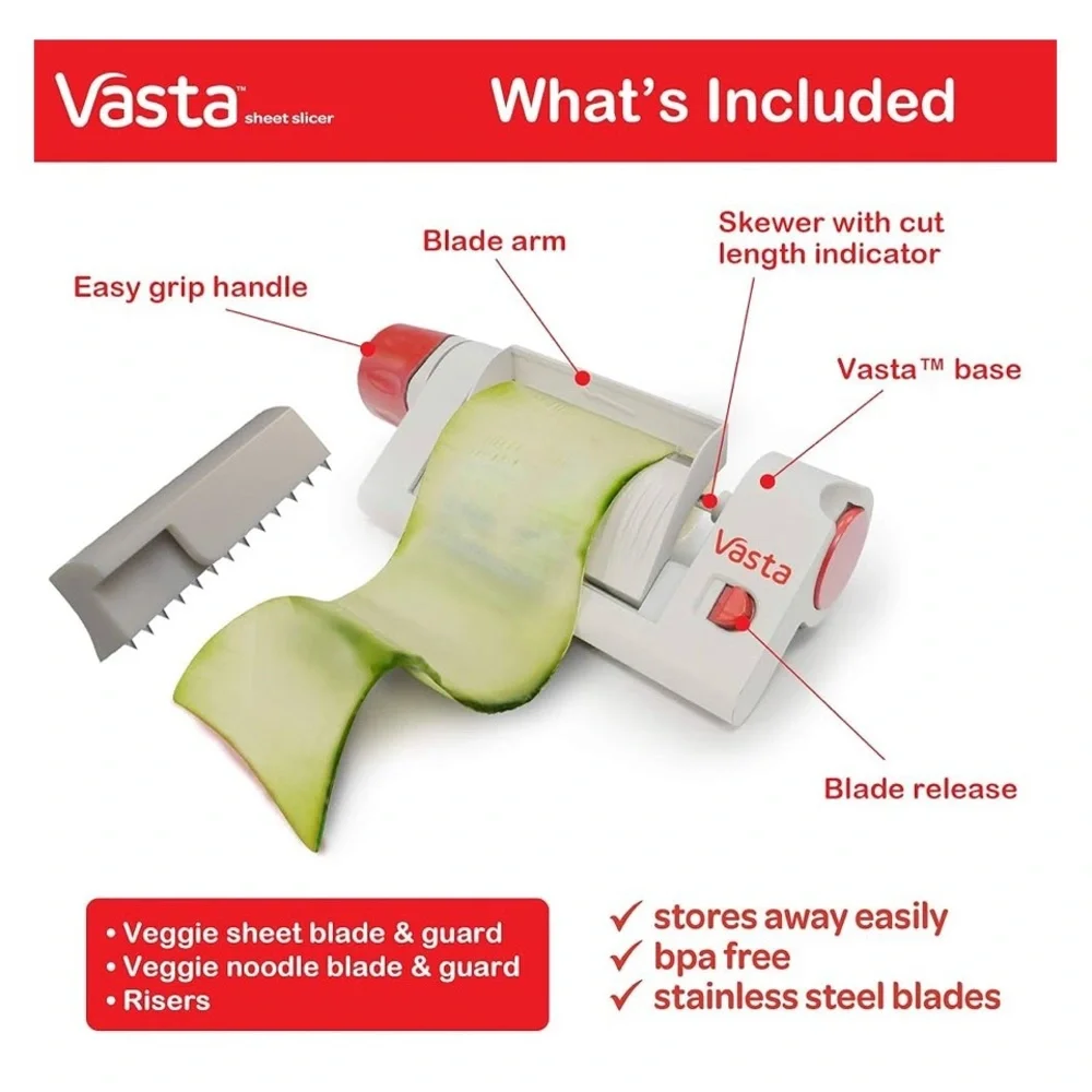 VASTA Veggie & Fruit Sheet Slicer, Stainless Steel Blade, 2 Attachments